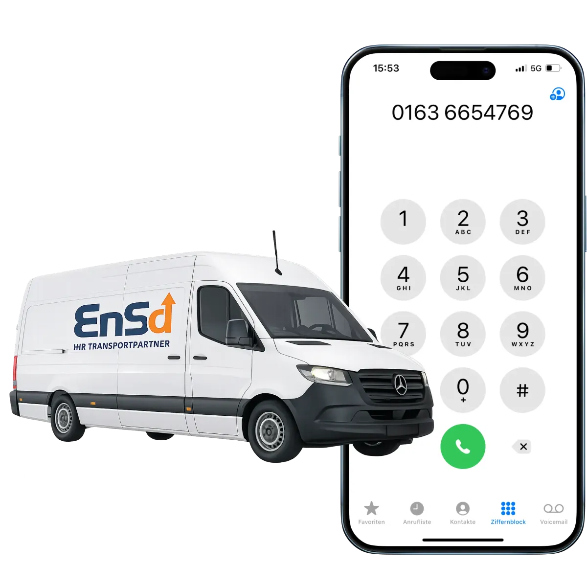Ein weißer Transporter mit der Aufschrift Ensd HR Transportpartner neben einem Smartphone mit der Telefonnummer 0163 6654769 auf dem Ziffernblock.